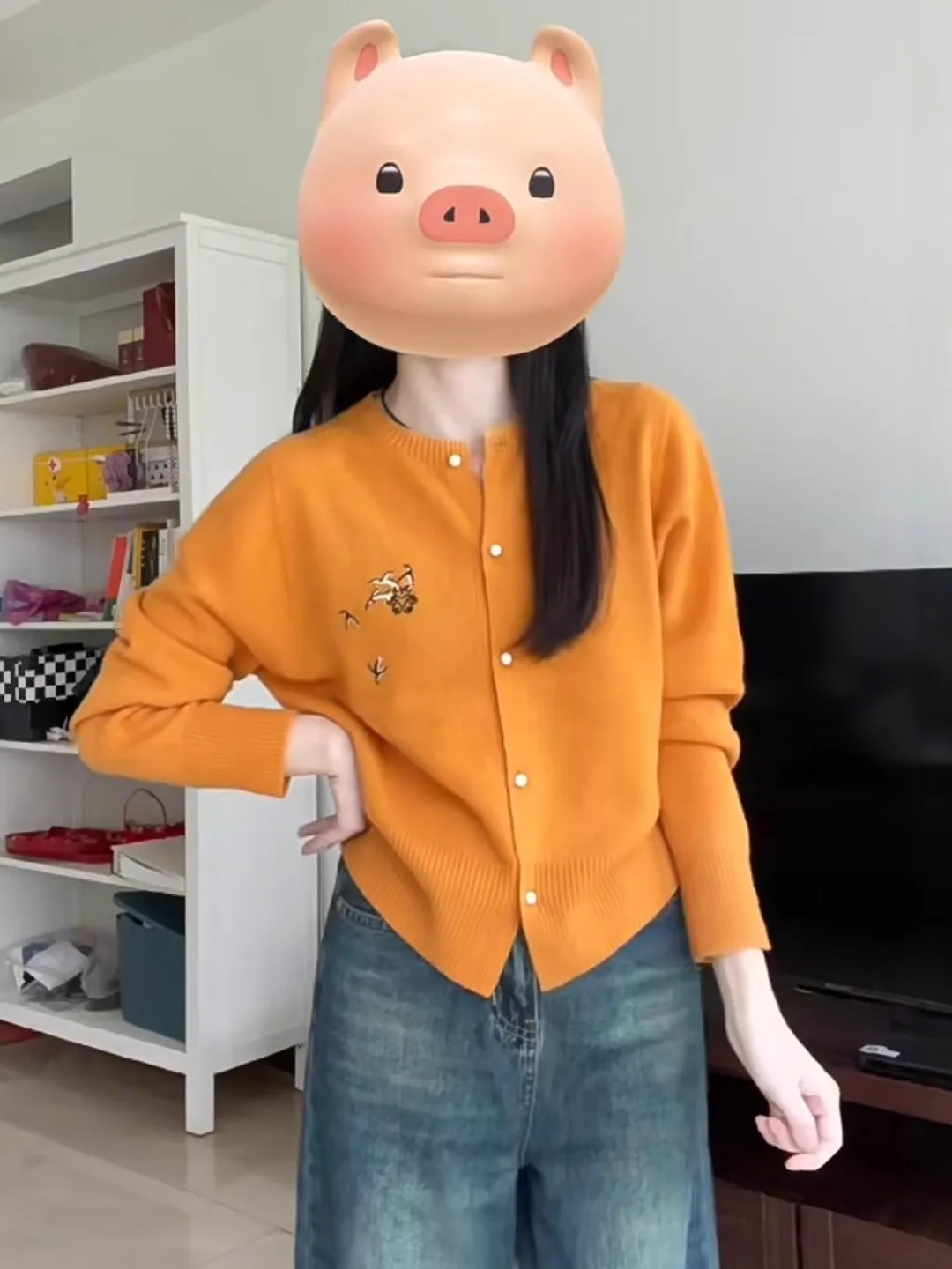 

Korean Sle Loose Knitted Orange Sweater Coat round Ne Open Cardigan ort Sve Long Sve Women's Autumn Winter Top