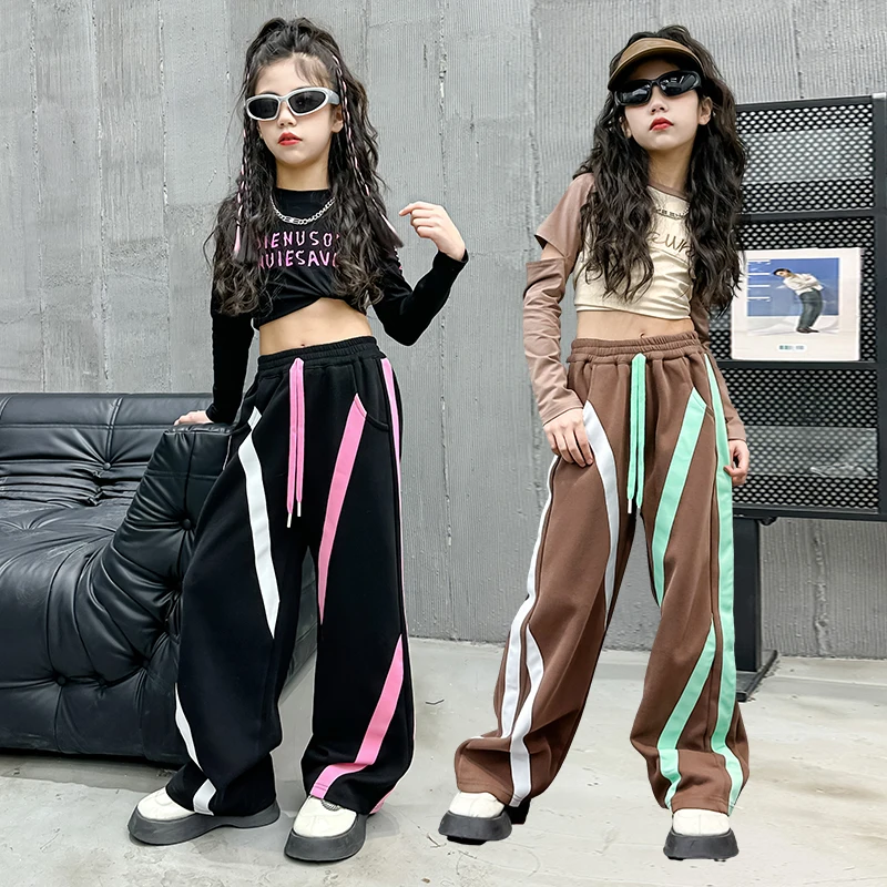 2024 Autumn New Girl's Set Cotton T shirts + Fashion Two Colors Striped wide leg pants 2PCS Suit Streetwear Children's Clothing