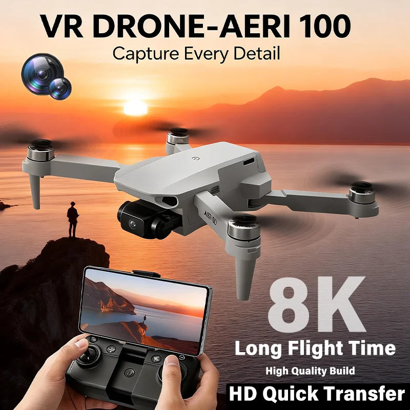 Dron AERI 100 con Gafas FPV VR, WiFi 5G, Cámara Dual 8K, GPS, Plegable, Quadcopter sin Escobillas, Dron RC para Fotografía y Vuelo