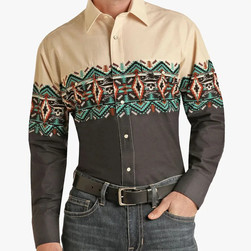 New Men's Western Denim Culture Retro Trend 3D Printed Long-sleeved Shirt Men's Business Casual 6XL Large Size Vacation Top