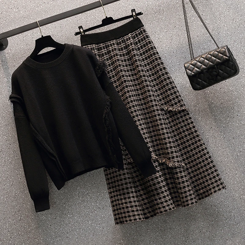 Women\'s Sping Autumn Vintage Chic Sweater Plaid Skirts 1 or Two Piece Dress Set Lady Casaul Black Knit Pullover A-Line Skirt