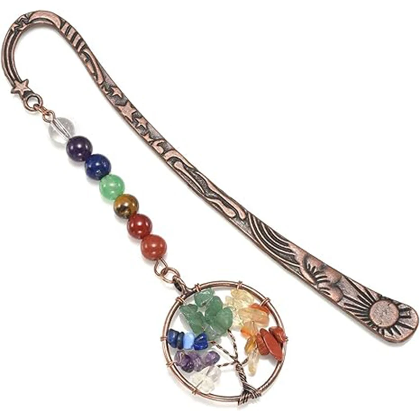 XSM 7 Chakra Crystal Bookmark Handmade Vintage Healing Heart Tree of Life Tumbled Stone Pendant Bookmarks Gifts for Book Lovers