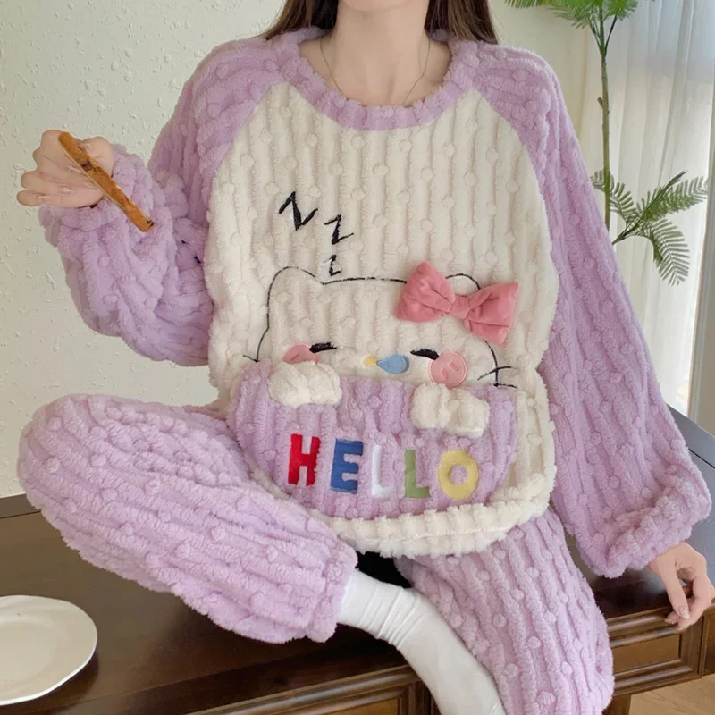 HelloKitty winter pajamas pure cotton warm loose thickened round neck casual two-piece set Sanrio loungewear set women's pajamas