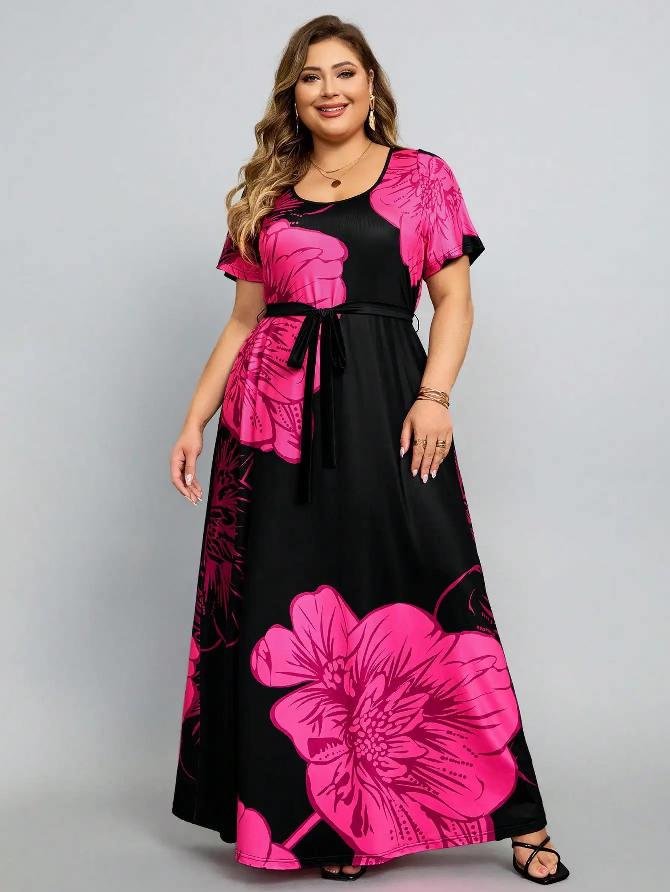 Vestido estampado casual de cintura alta feminino, solto, flores digitais, verão