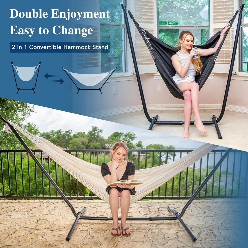 2-in-1 Hammocks Convertible Portable Double Hammock with Stand, Outdoor Hammock with Stand