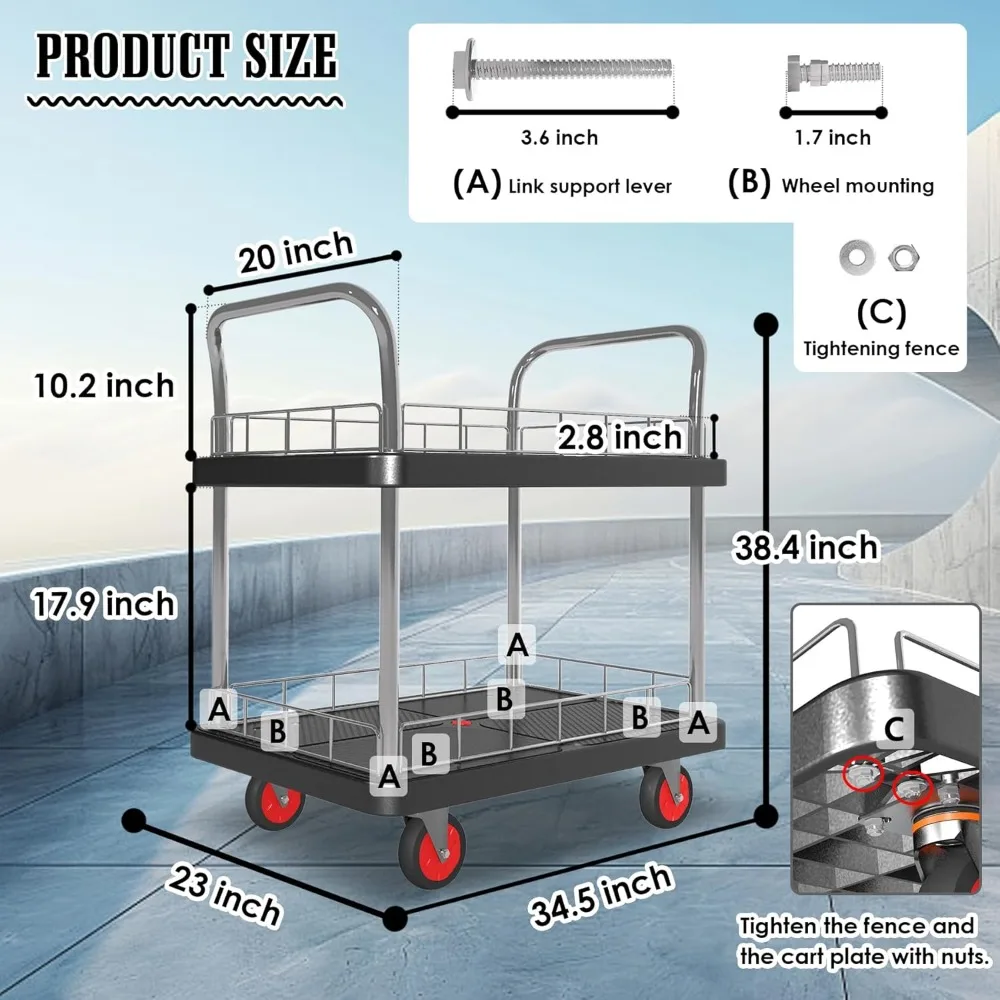 عربة أدوات شديدة التحمل ذات رفين مع 4 عجلات دوارة، سعة 660 رطل للمستودعات والمرآب والاستخدام المنزلي #4
