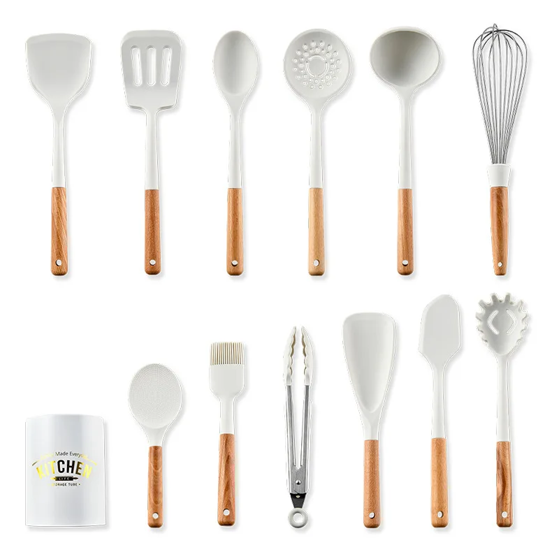 New silicone kitchenware set with short wooden handle, non stick pot, spoon, spatula, food clip, scraper, oil brush creamy white