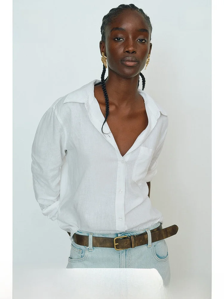 

H&M Women's irt Spring Faion Turn-down Collar Loose Feel Linen Blend Long Sve irt Casual Sle Straight Cut 2025 Autumn