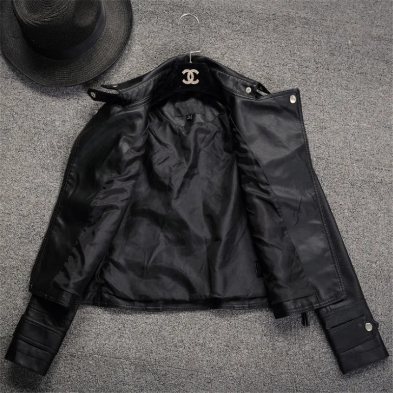 2024 spring and autumn new slim-fit lapel leather coat women\'s short coat women\'s pu jacket motorcycle wear women\'s wear