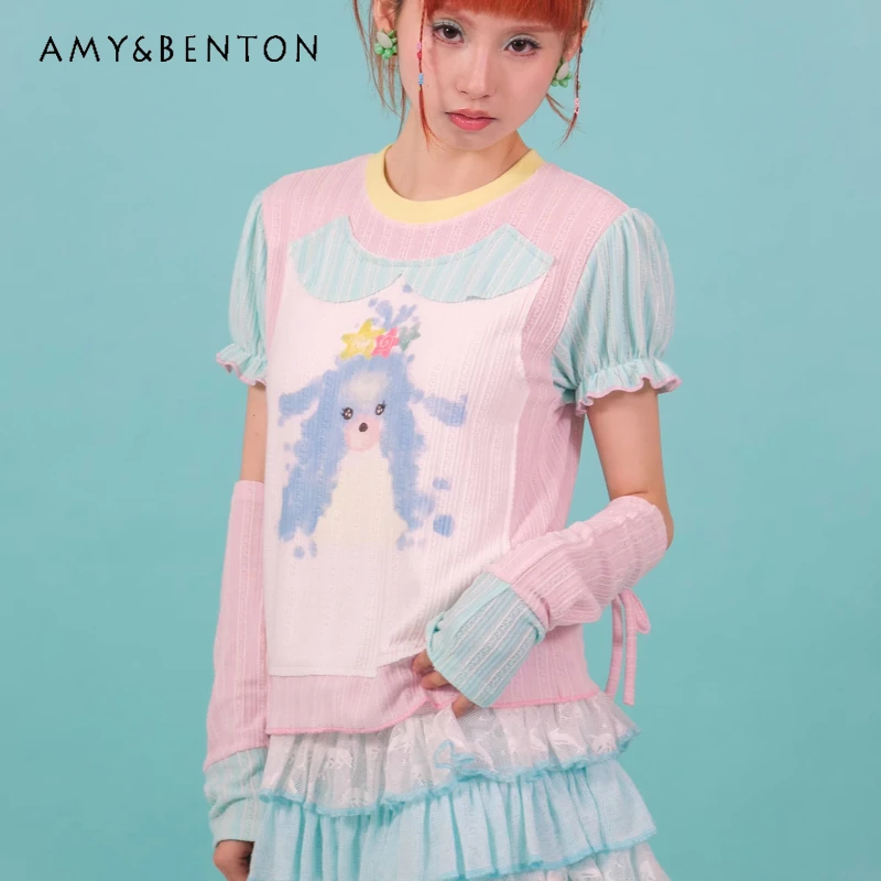 

Japanese Women's Tops Cute Girl Summer Y2K Tees Pink Blue Contrasting Colors Cartoon Print Versatile Thin Removal Sleeves Tshirt