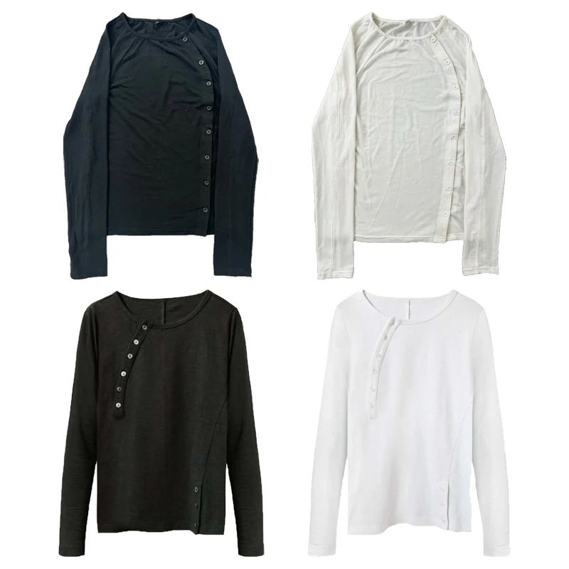 Retro-Herren-Y2k-Langarm-T-Shirt mit Rundhalsausschnitt, einfarbiges Punk-Top mit Knöpfen, Hip-Hop-Gothic-Casual-Streetwear