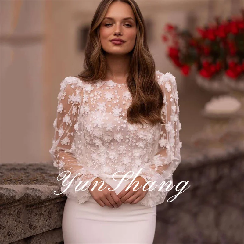 Yunshang Elegante Trouwjurken Vrouwen Zeemeermin Kant Illusie Rug Lange Mouw O-hals Bruidsjurken Sweep Trein Vestidos De Novia