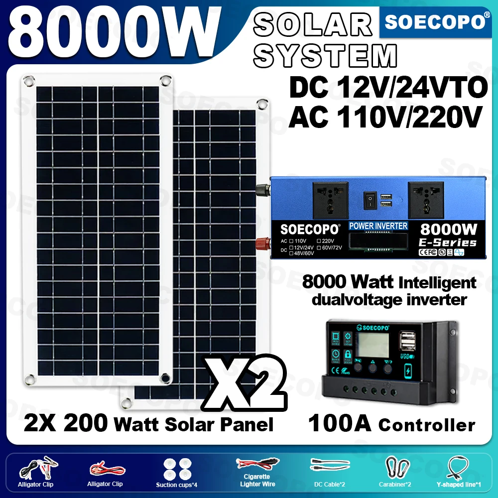

SOECOPO 8000W Solar System Set with 2×200W Panels 100A Controller Dual 12V 24V To 110V 220V Inverter for Home Complete Power