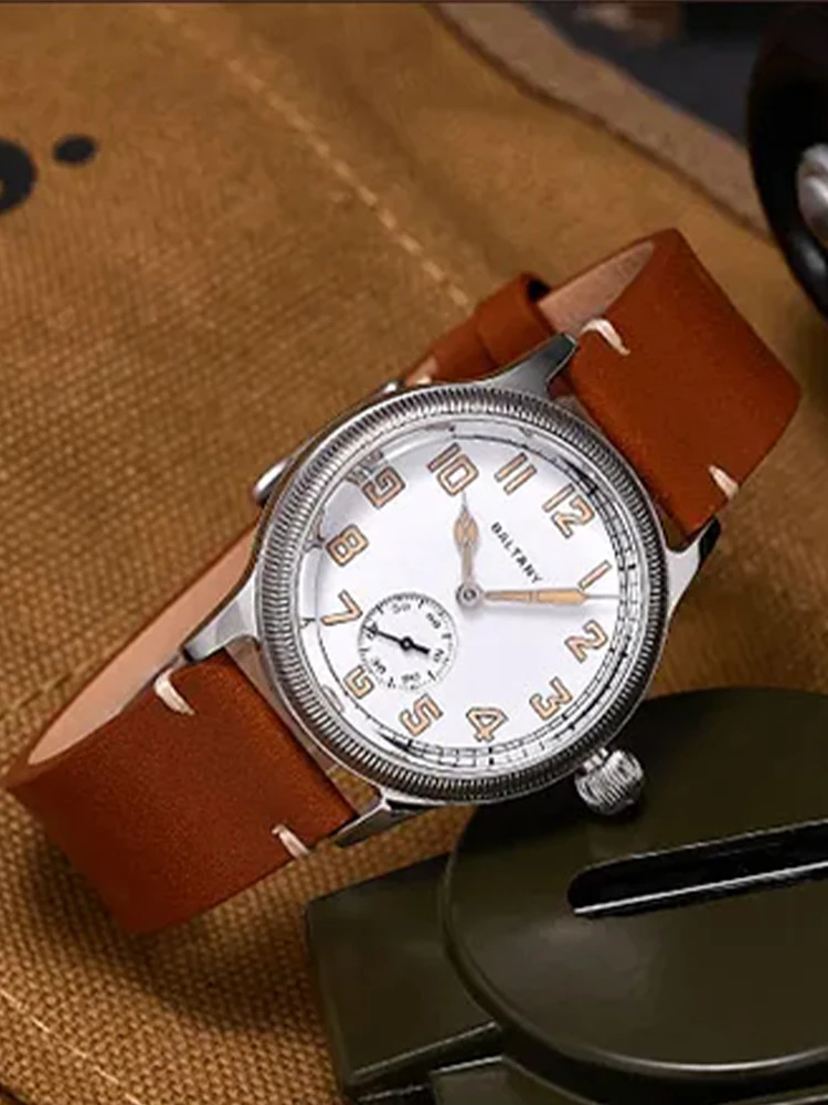 Baltany s2051 ww1 militar trench relógio branco esmalte dial retro st1701 homenagem campo automático pulseira de couro safira relógios masculino