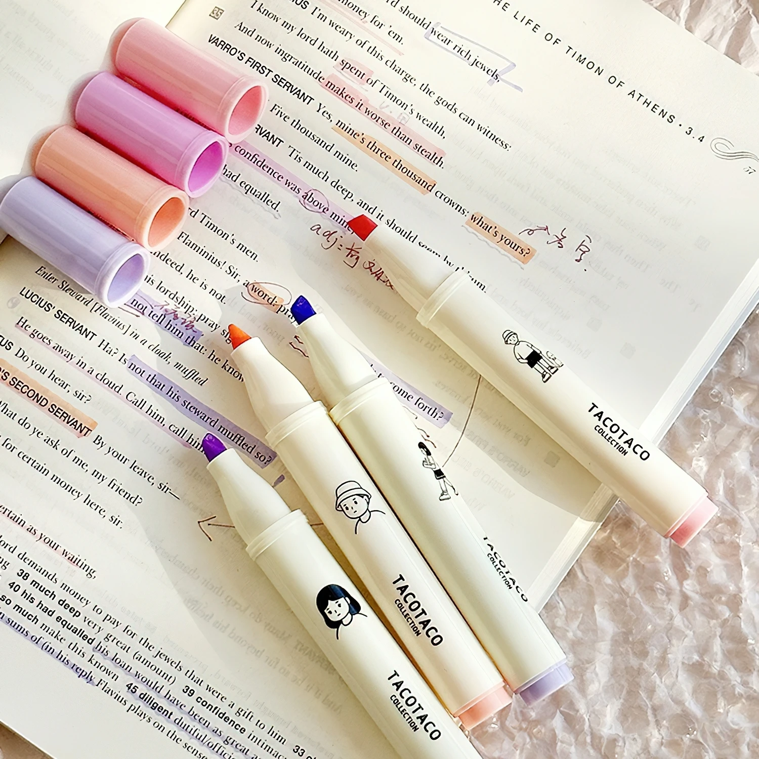 4pcs Tacotaco Color Highlighter Pens Set Cartoon Capped Art Marker for Drawing Painting Office School A7594