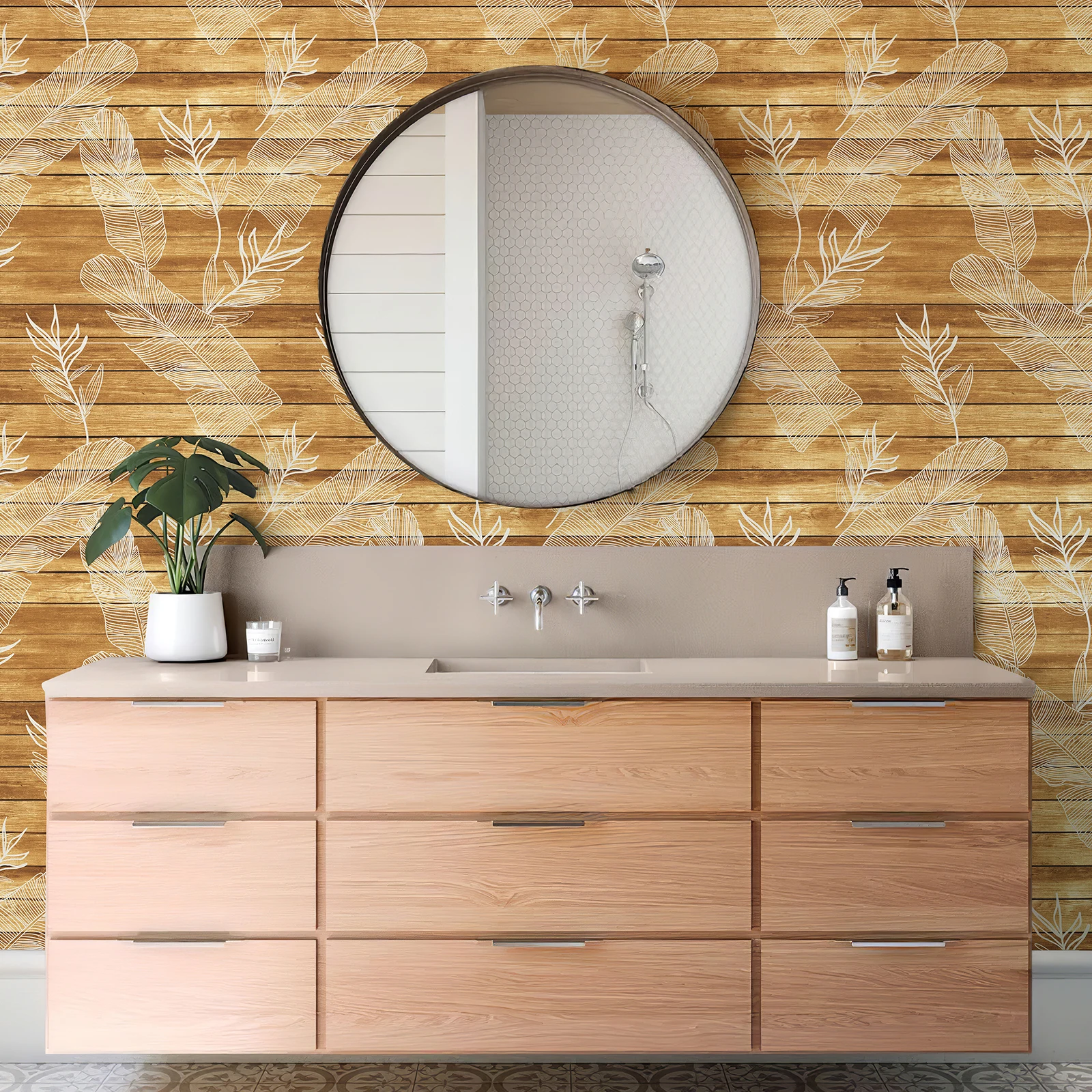 Żółta tekstura drewna z białymi liniami liści Samoprzylepna tapeta winylowa do salonu Wodoodporne naklejki