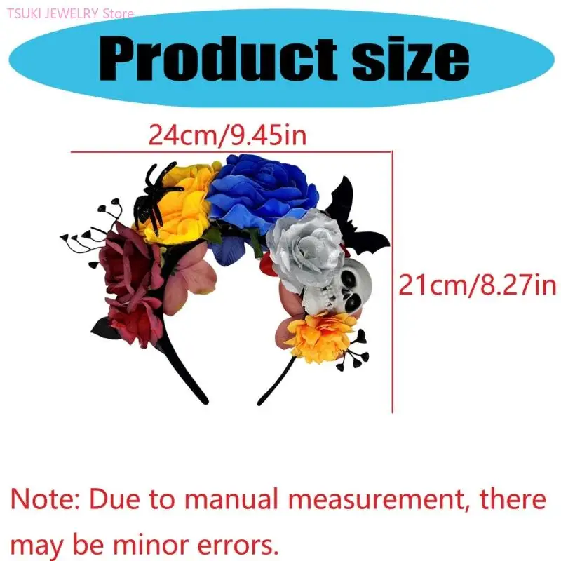 62KE عصابة شعر بتصميم جمجمة الهالوين على شكل زهرة واقعية مع شريط مرن #6