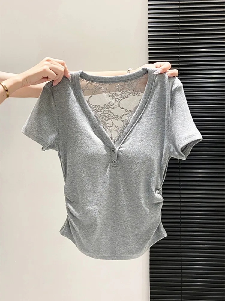 

Pure Desire Lace Splice Short Sleeve T-Shirt Women's Summer Design Sense Pleated Waist Slimming Shoulder Level Top