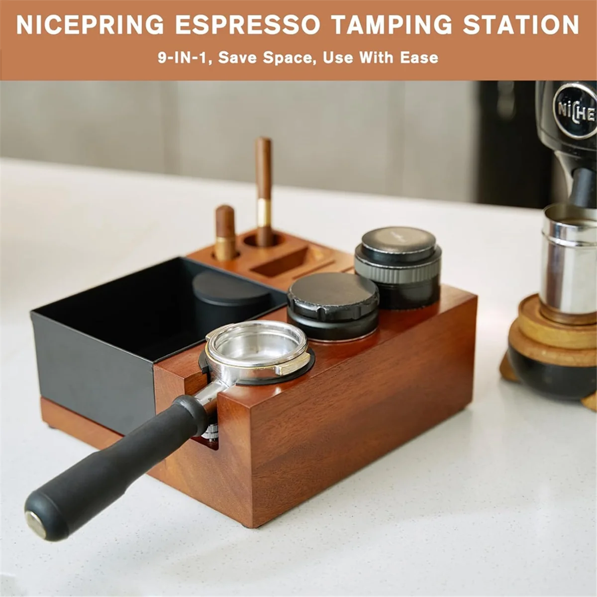 Espresso Tamping Station Knock Box-Espresso Knock Box and Tamp Station Coffee Organizer Box for 51-58mm Espresso Tamper