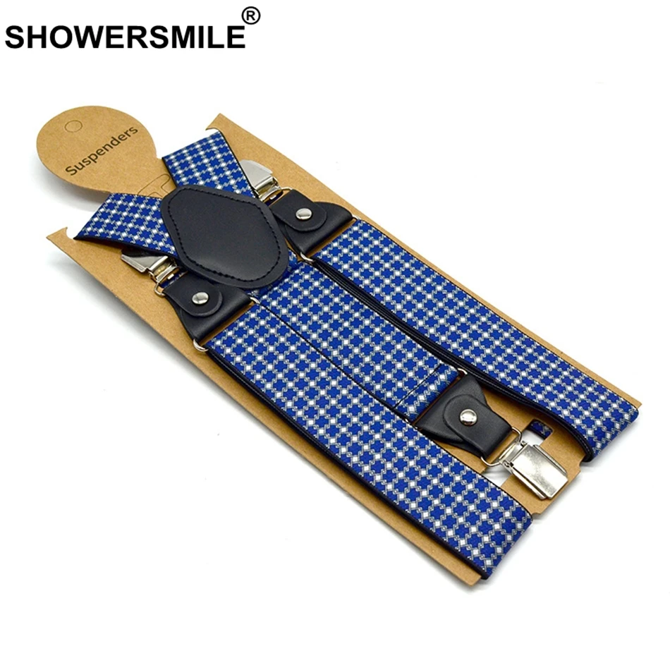 SHOWERSMILE Mens Trousers Belt With Leather Blue Plaid Business Suspenders Wide Adjustable Elasitic Braces 3 Clips Y Back Straps