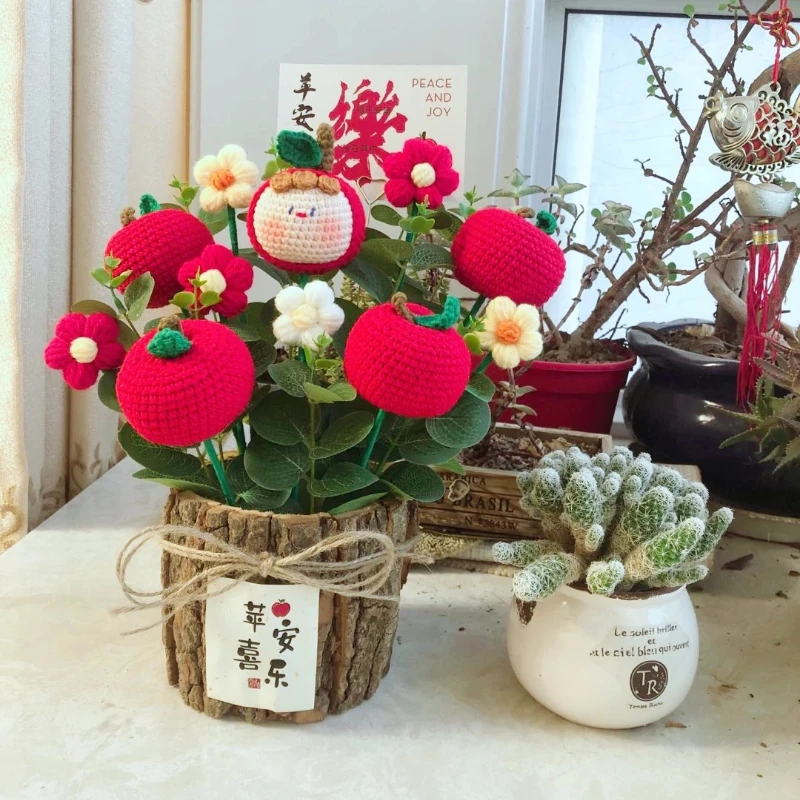 

Handmade Knitted Flower Basket, Artificial Floral Entryway Decor, Birthday & Festival Gift, Finished Yarn Bouquet for Home