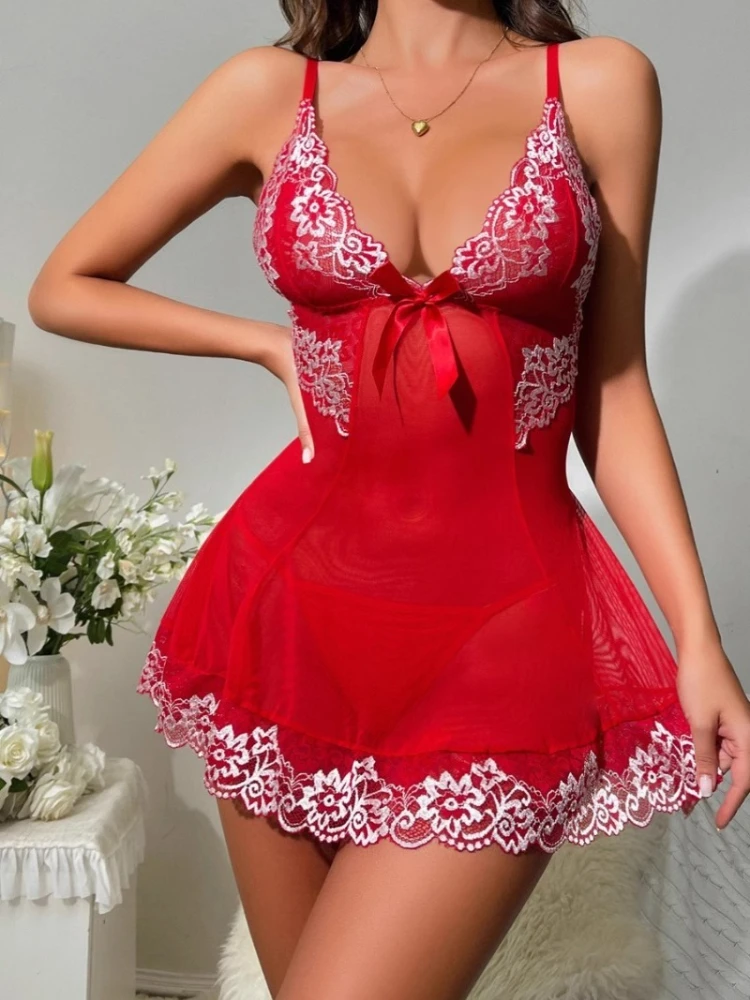 

Sexy Transparent Chiffon Suspender Lingerie Set Women's Pajamas Dress Sexy Lingerie Nightgown Night Dress Backless Short Skirt