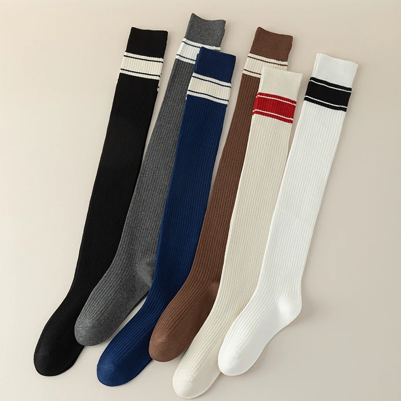 Spring and Autumn Women\'s Student Long Socks Double Needle Campus Style Cotton Vertical Stripe Showing Thinness Knee High Socks