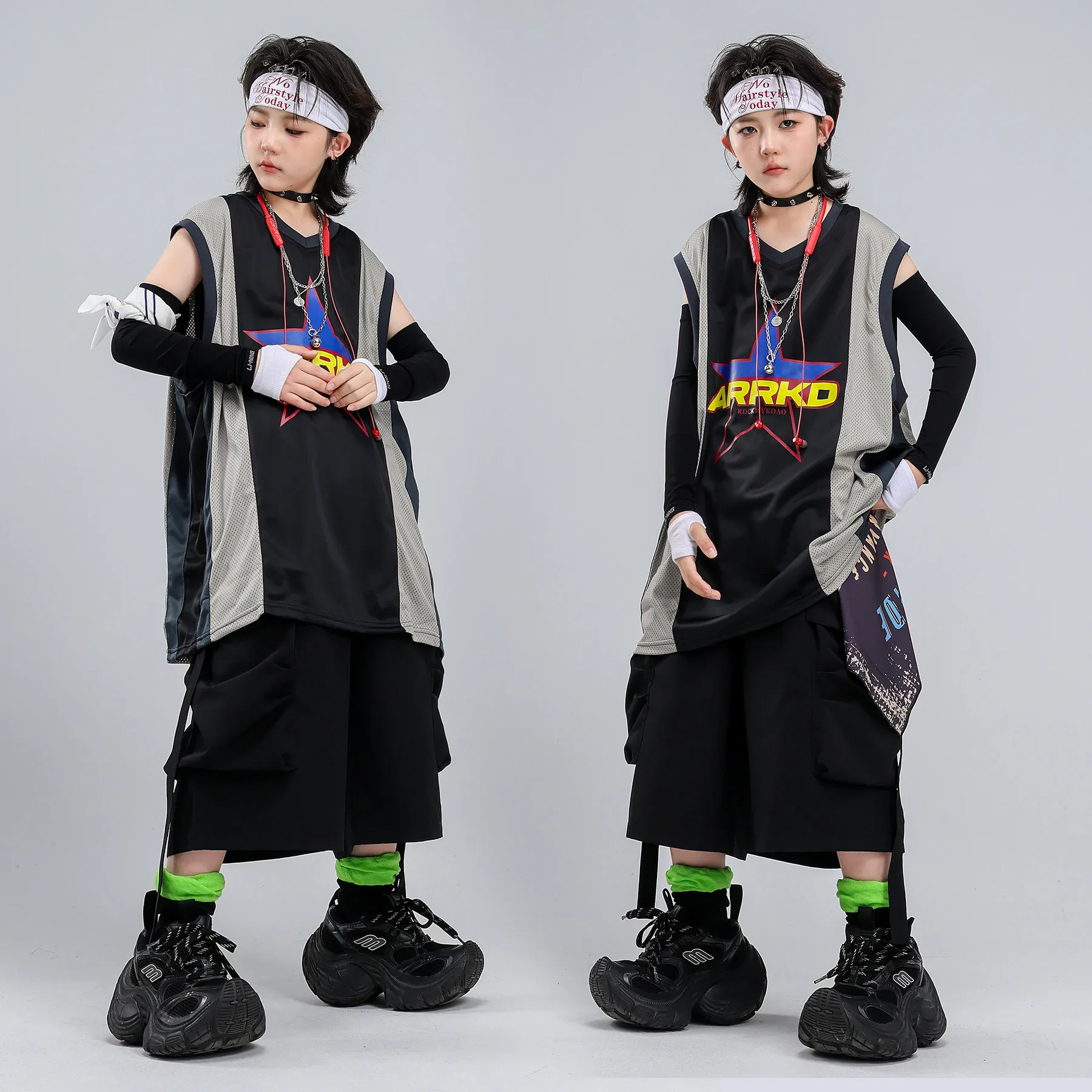 Boys Jazz Dance Performance Costumes For Kids Loose Vest Black Shorts Kpop Outfits Girls Hip Hop Dance Rave Clothing DQS23782