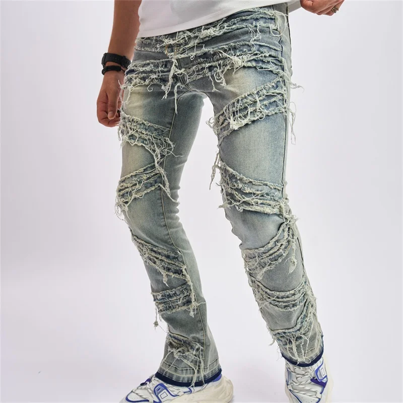 

New Fashion Mens Ripped Distressed Destroyed Denim Pants Mid Waist Straight Fit Washed Denim Jeans Skin-Friendly Hot Sale