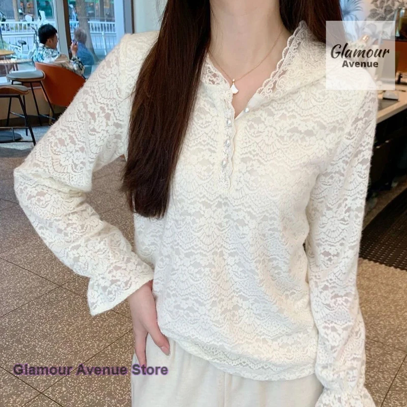 

French high-quality stitching lace hooded sweater women's spring and autumn new fashion casual wear plus velvet Joker hoodie.