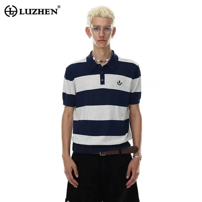 LUZHEN 2026 Summer Color Contrast Stripe Printed Polo Neck T-shirt Men's Fashion Elegant Embroidery Logo Casual Male Tops JY7915