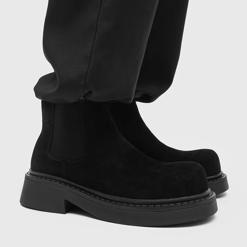 

plus size mens casual chelsea boots slip-on cow suede leather shoes big toe cowboy ankle boot spring autumn cool platform botas