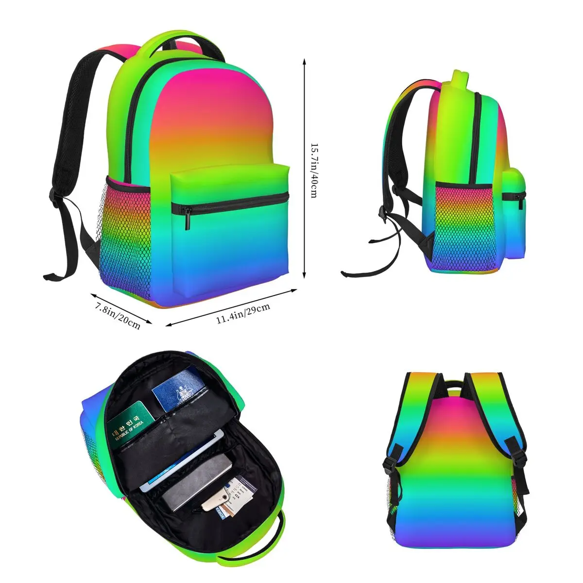 Neon Rainbow Ombre Backpacks Boys Girls Bookbag Students School Bags Cartoon Kids Rucksack Lunch Bag Pen Bag Three-Piece Set