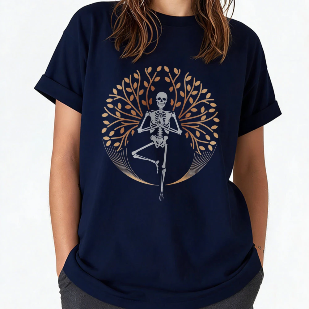 Unisex Cotton  T Shirt Skeleton Tree Yoga Tree Pose Golden Circular Pattern Graphic Print Meditation Spiritual Gym Workout Tops