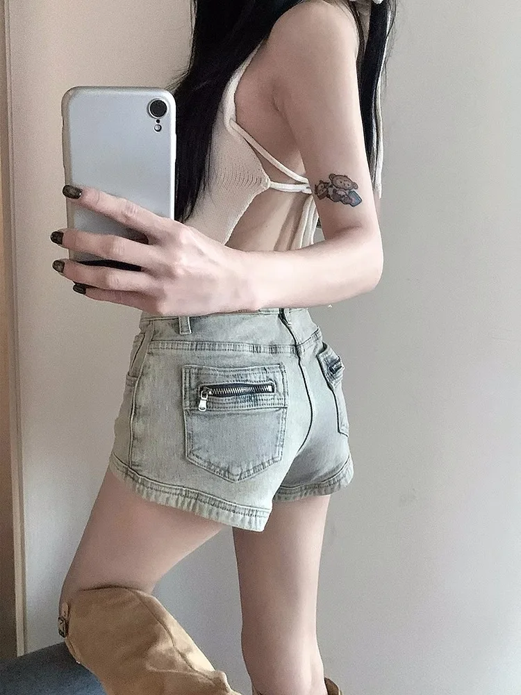 

High Waist A-Line Denim Shorts Women's Summer New Style Hong Kong Style Tight Fitting Short Pants Wide Leg Jeans for Slimming