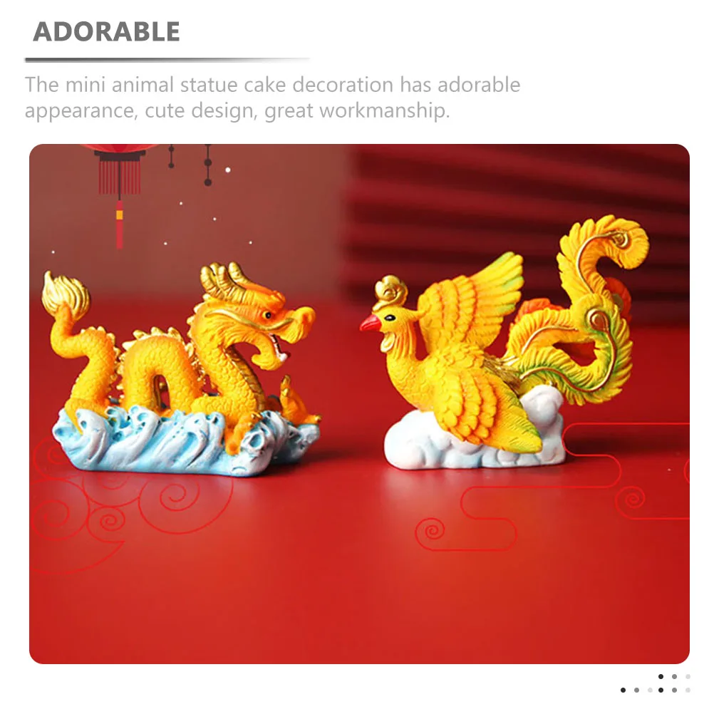 

2pcs Dragon Phoenix Ornaments Resin Mini Animal Cake Decor Statue Figurines Model Home Baking Supplies Sweet Table