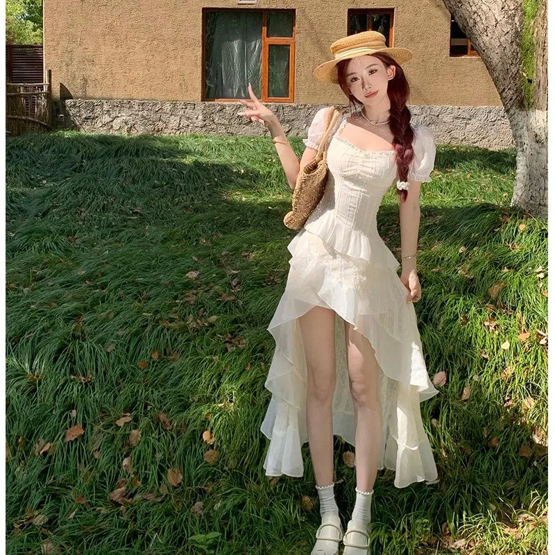 

Puffed-sleeve dancing pure desire chiffon irregular waist-cinching vacation tailing long dress
