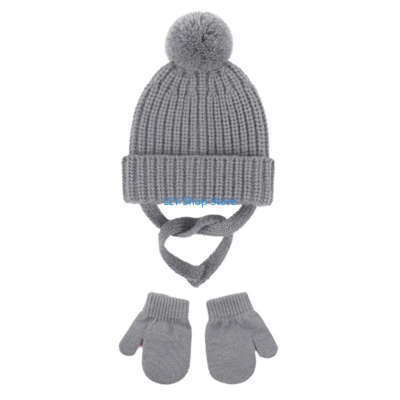 

T8UD 2Pcs Newborns Comfortable Knitted Hat Baby Earflap Bonnet with Pom Accents Fashionable Infants Knitting Gloves Set
