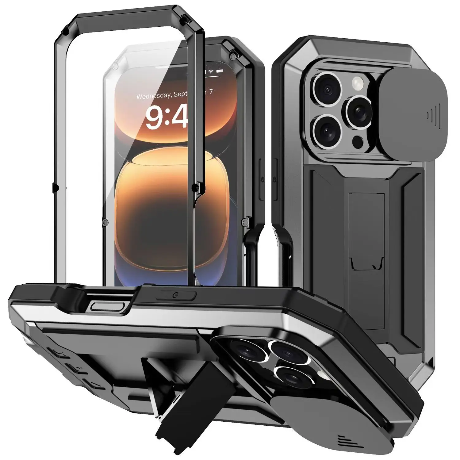 

New Heavy Duty Aluminium Metal Armor Case For iphone 16 15 14 Pro Max 16 15 14 Plus Shockproof Cover With Screen Protection Film