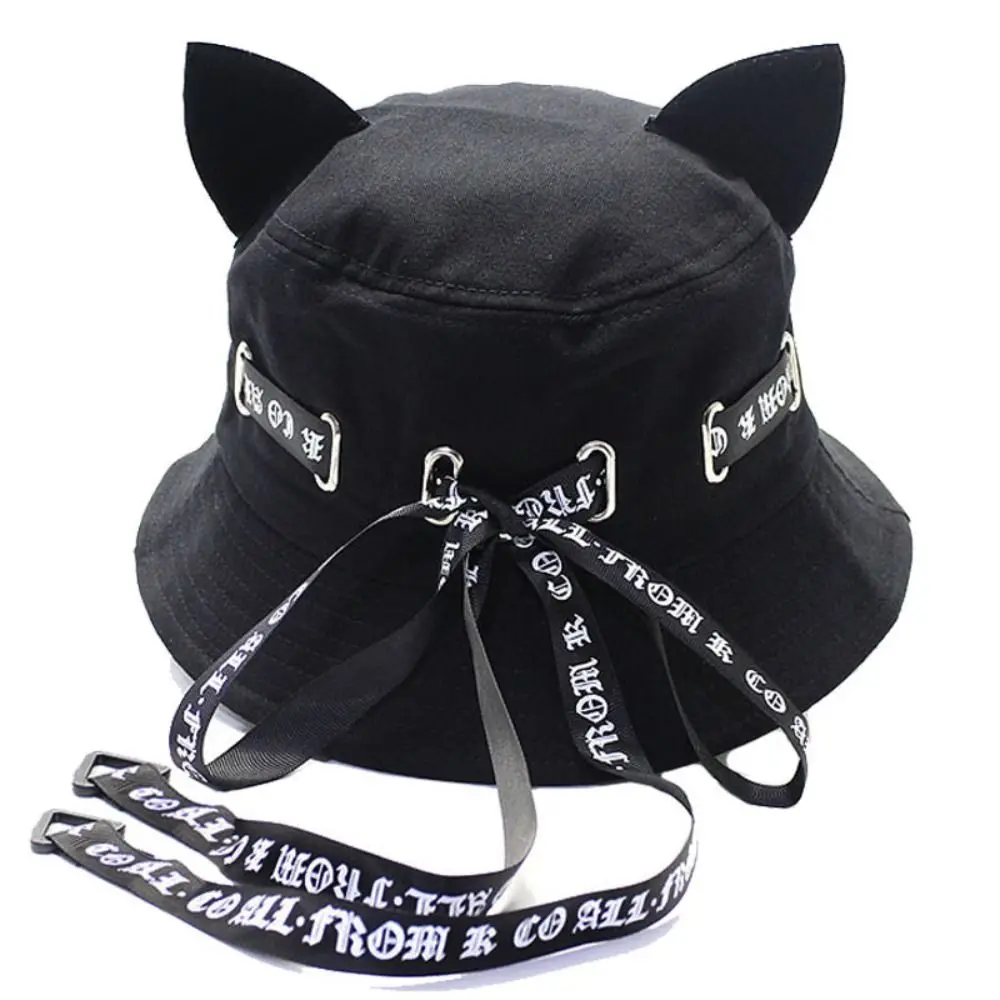 Punk Casual Hip Hop Bonnets Panama Hat Summer Sun Caps Cute Cat Ears Streamer Fisherman Cap Bucket Hat