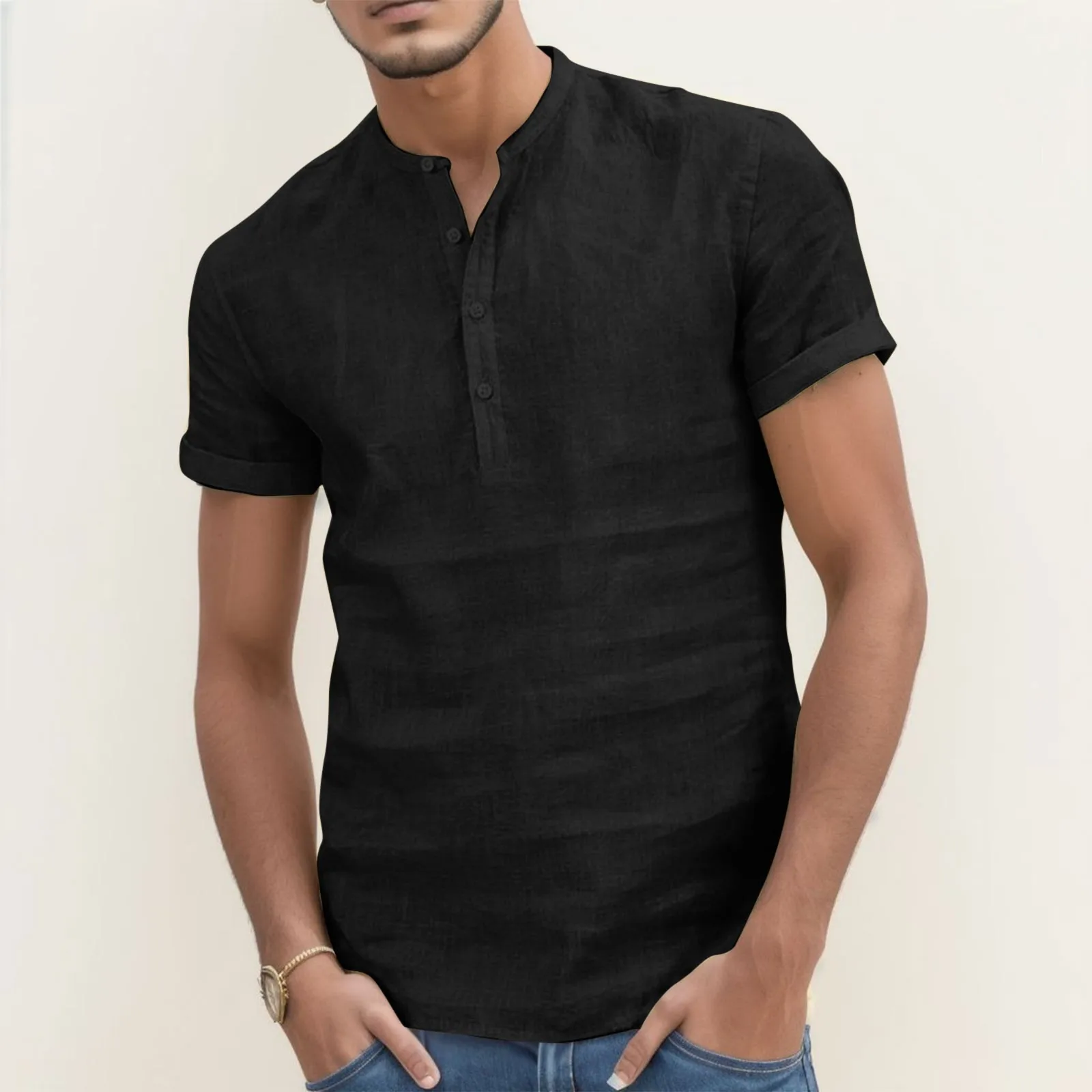 

Men'S Shirts Classic Solid Color Short Sleeve Top Shirts Loose Fit Crewneck Button Blouses Hawaiian Shirts Leisure Business Wear
