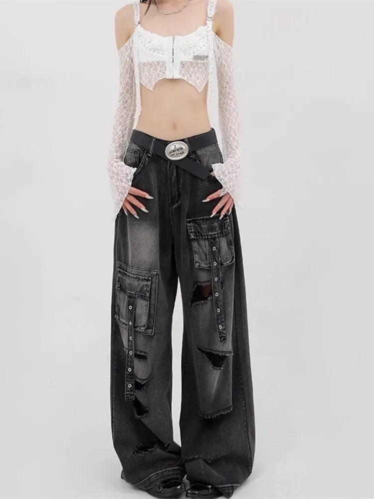 

Уличная одежда в американском стиле ретро Y2K 2021, черные мешковатые женские рваные джинсы, брюки, женская одежда, прямые хлопковые длинные брюки