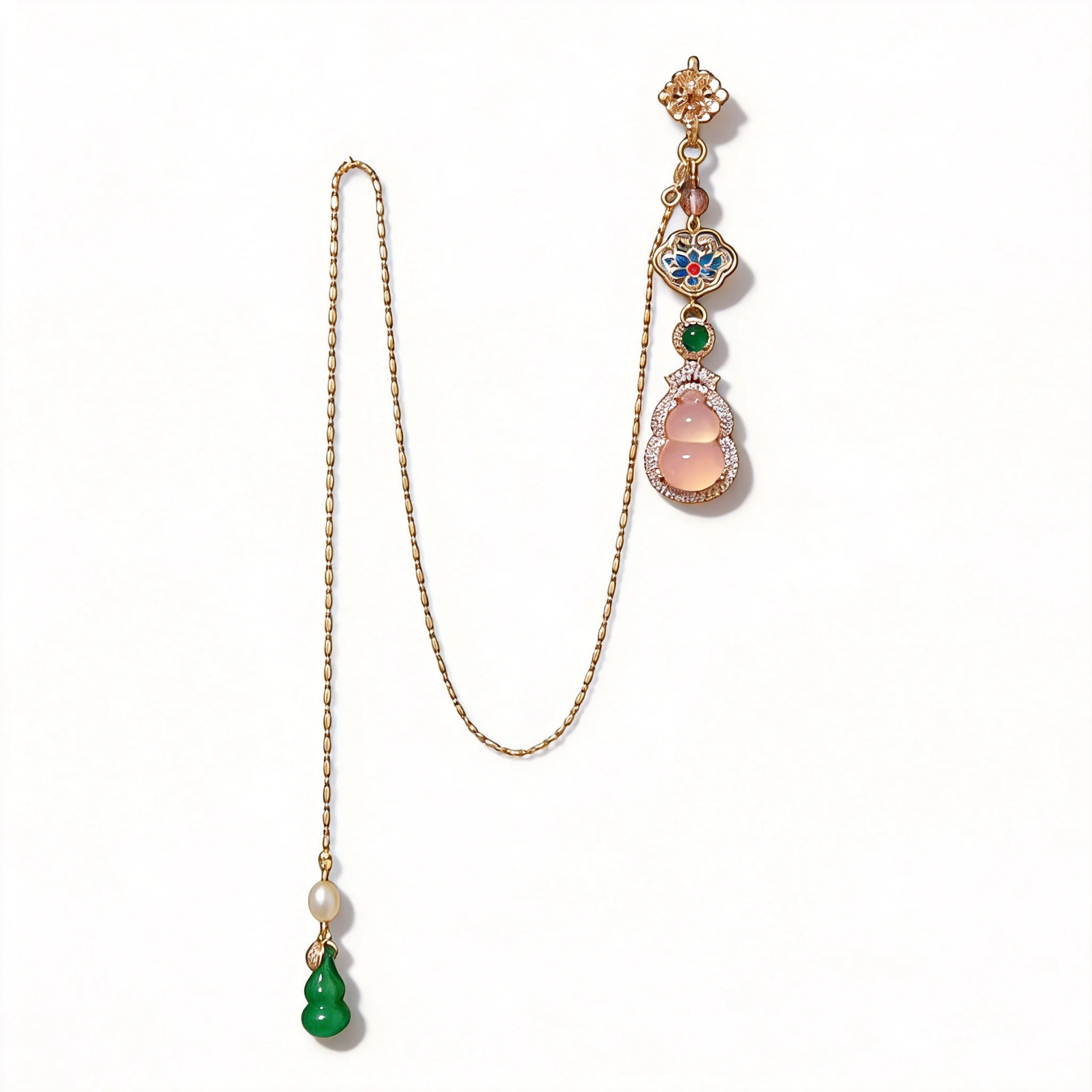 

Chinese Style Lucky Chalcedony Gourd Cheongsam Lapel Pendant Auspicious Blessing Wealth Hanfu Accessory Enamel Craft Chain Pearl