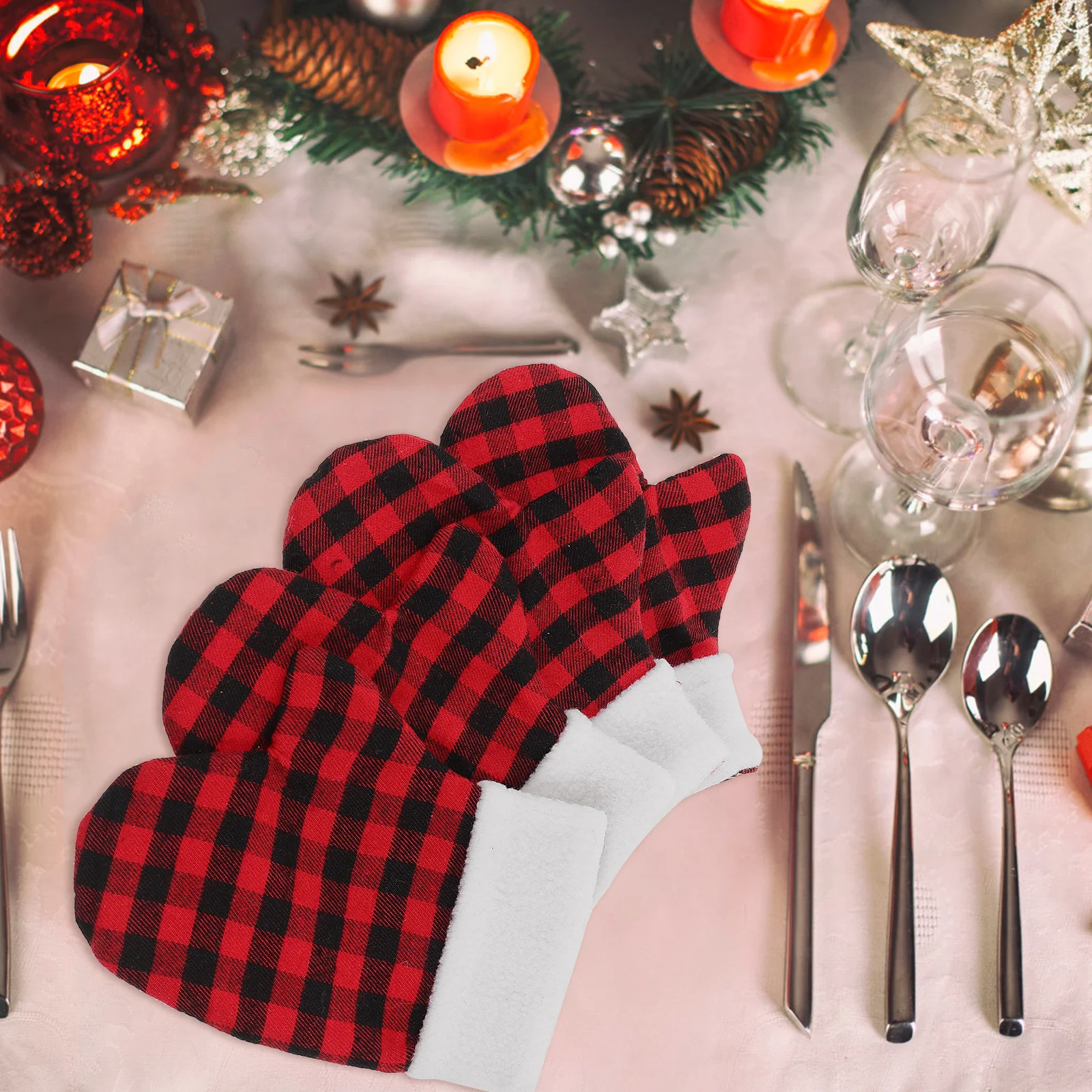 4pcs Cutter Fork Bag Glove Shape Washable Cutlery Storage Pouch Reusable Tableware Cover For Dinner Party Christmas Silverware