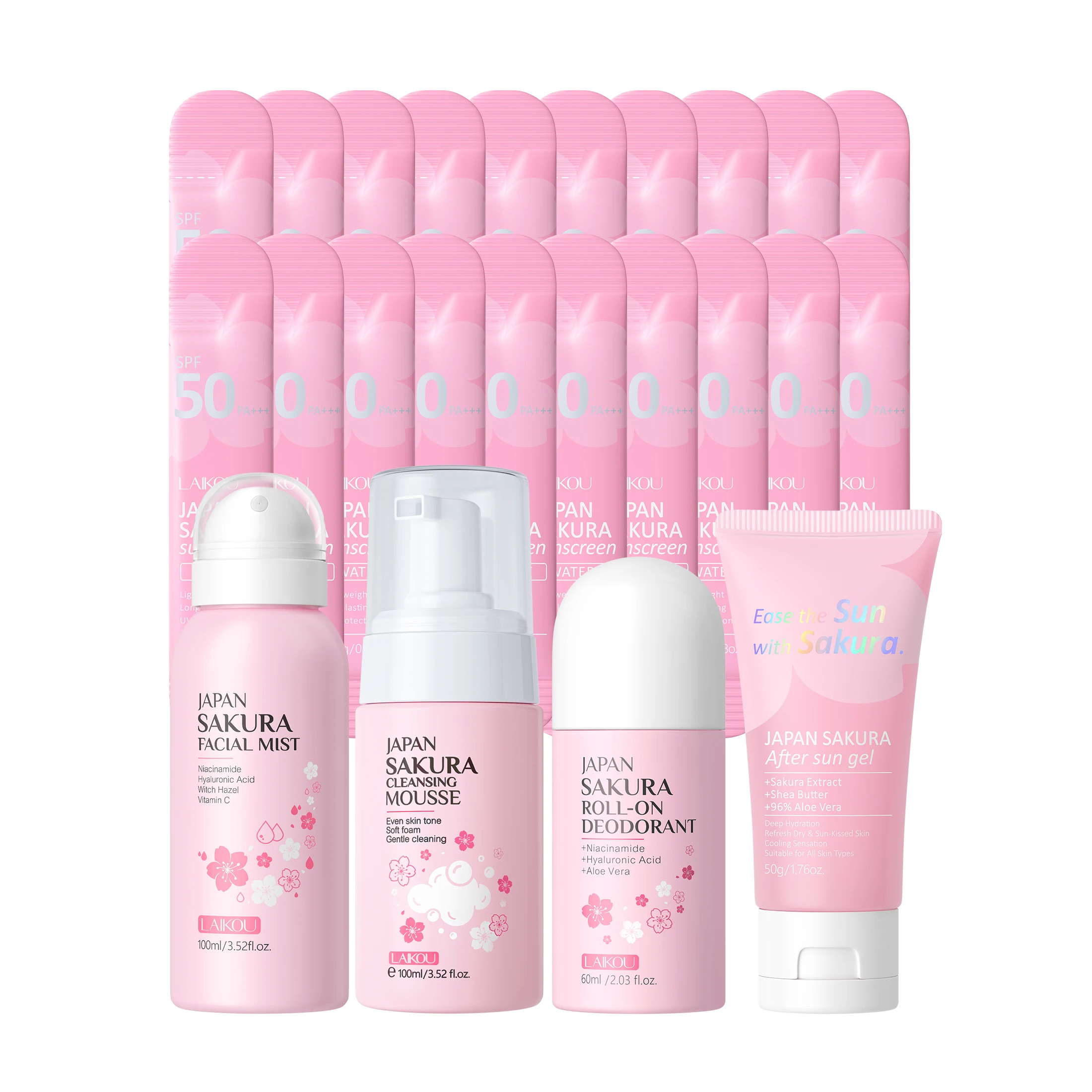 laikou-桜エキス配合-5in1-スキンケアキット、日本産桜配合クレンジングムース、フェイスミスト、spf50-透明感のある日焼け止め、アフターサンジェル、ロールオンタイプ