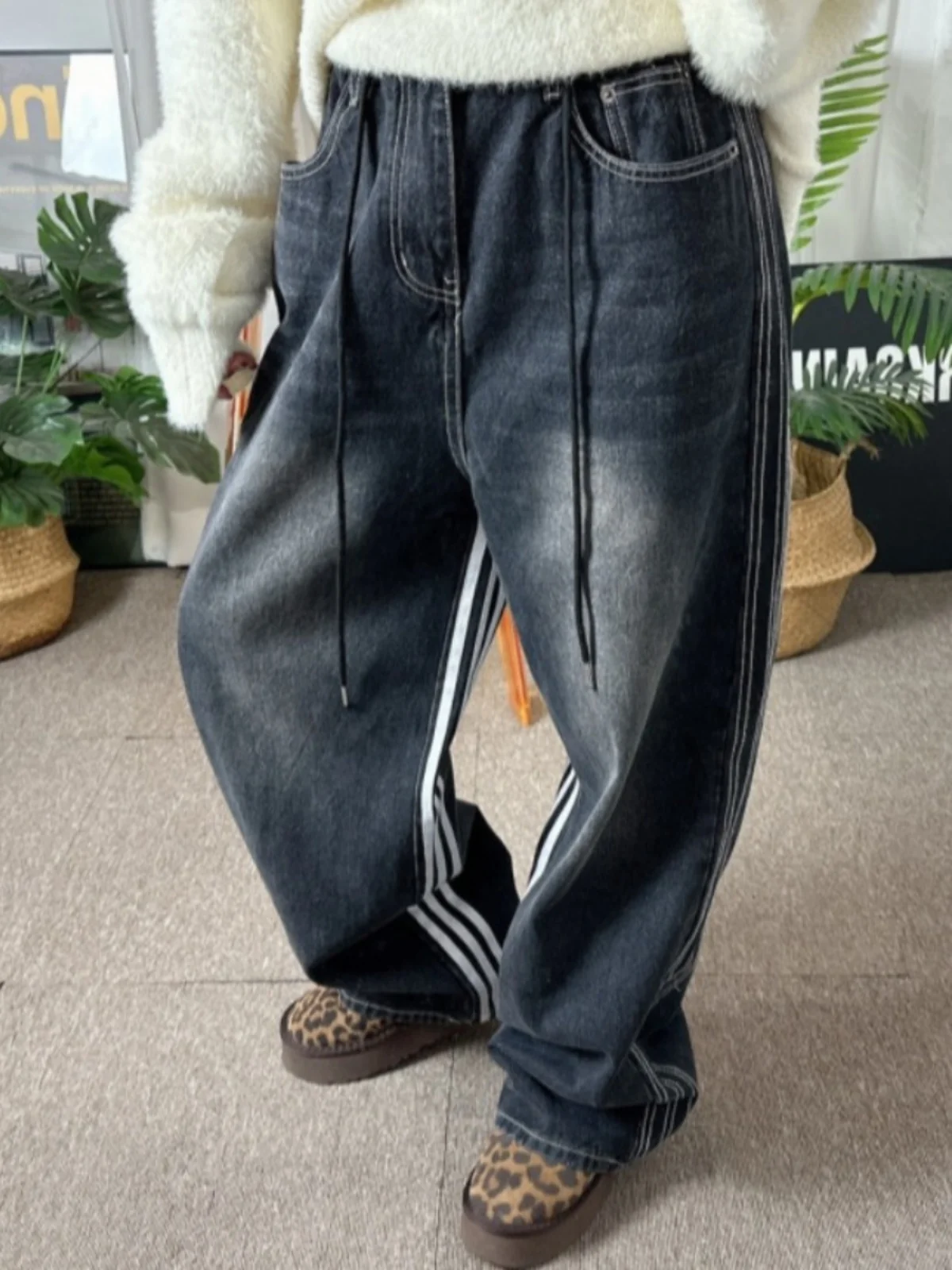 루즈핏 청바지 루즈핏 여성용 조절 가능한 허리 디자인 내부 줄무늬 디자인 패션 청바지 데님 팬츠 데님 바지 청바지