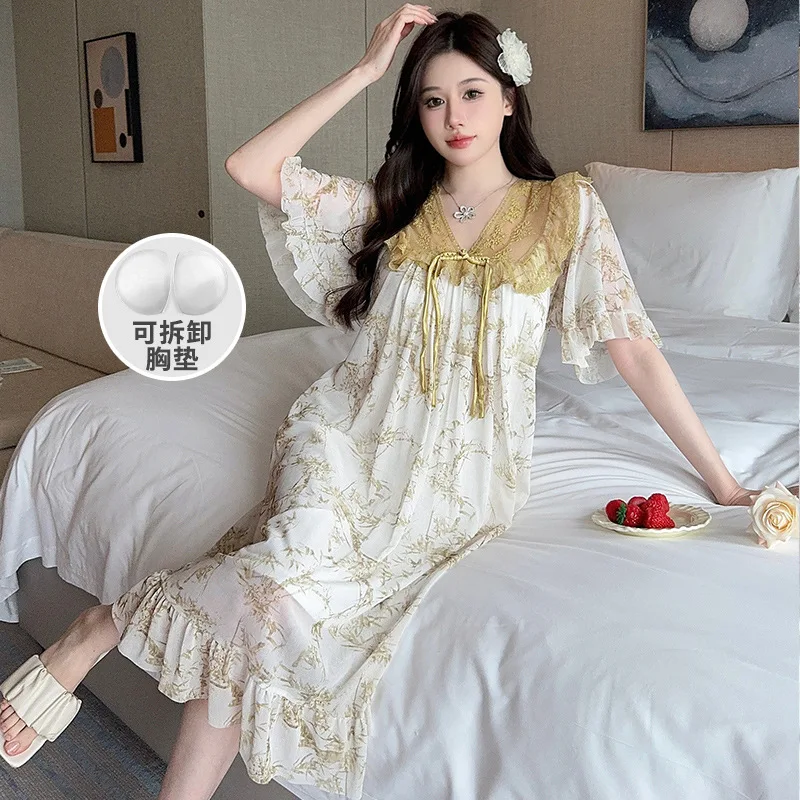 

Летняя ночная сорочка в национальном стиле с принтом, с кружевными вставками и сеткой, в стиле придворной принцессы, пижамное платье, домашняя одежда для женщин