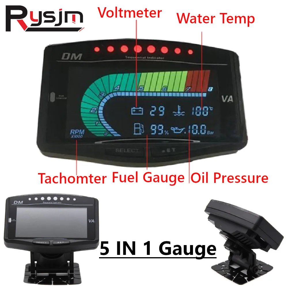 HD 5 IN 1 Car Oil Pressure + Water Temp +Fuel Gauge + Tachometer + Volt Voltmeter Digital LCD Car Truck Gauge 12V/24V