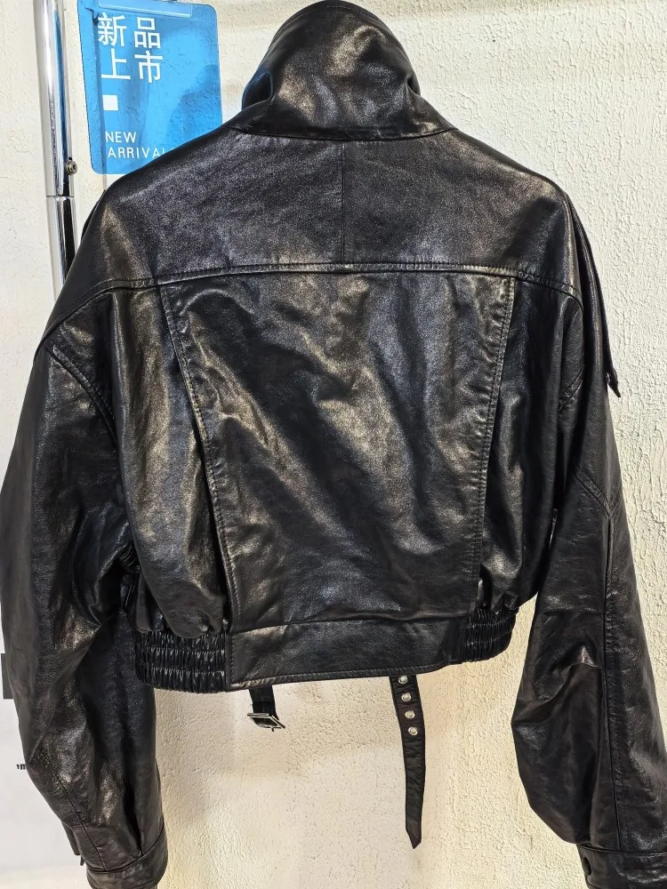 Office Ladies Turn Down Collar Zipper Buckle Genuine Leather Jackets Fashion Solid Color Long Sleeves Sheepskin Loose Outwear