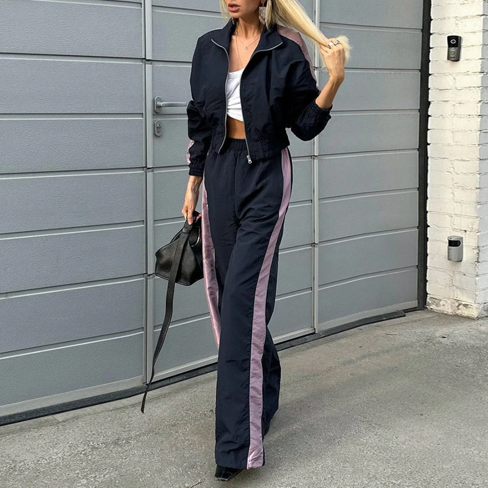 TWOTWINSTYLE Colorblock Casual Two Piece Set For Women Lapel Long Sleeves Coats Wide Leg Pant High Street Loose Sets Female New